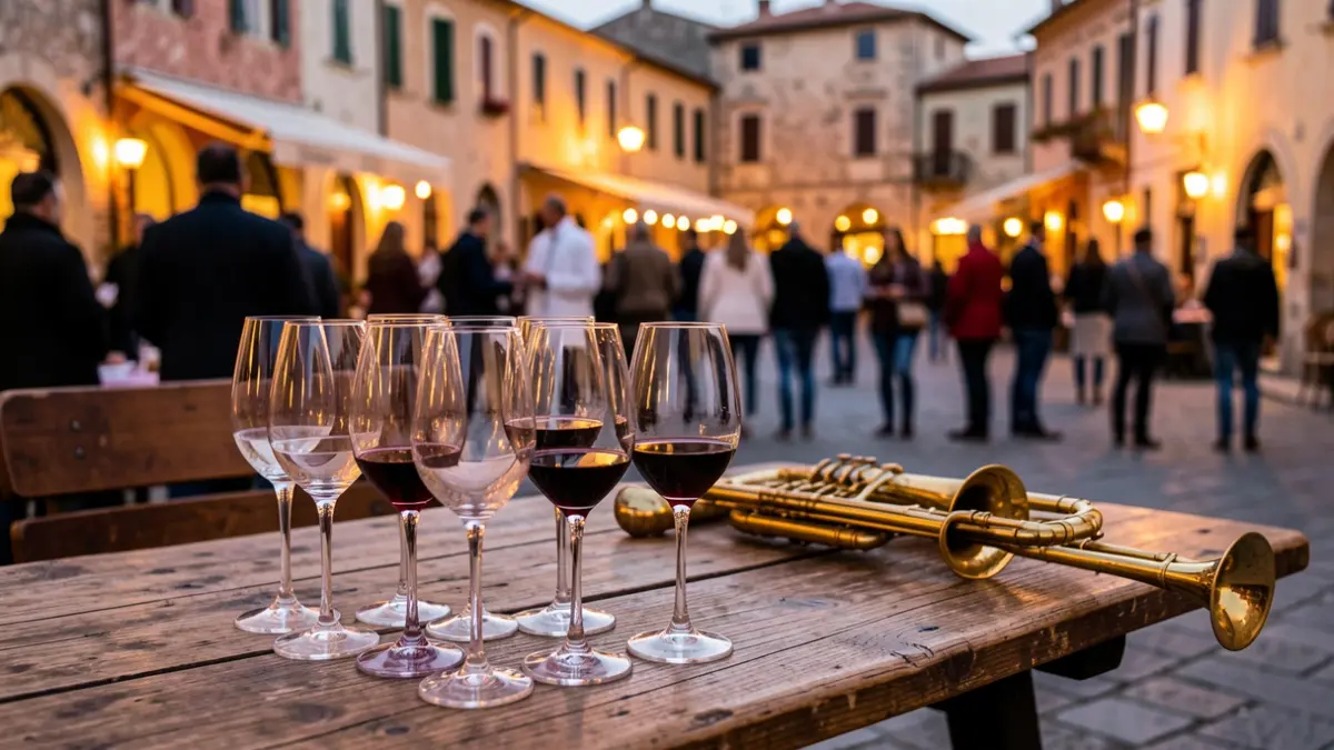 Imatge genèrica de copes de vi i instruments de jazz en un entorn festiu.