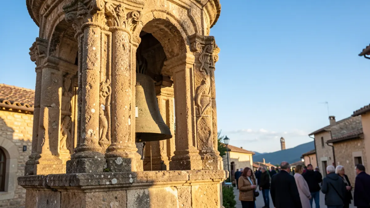 Detalle de un campanario antiguo de piedra en Valls con luz de tarde.
