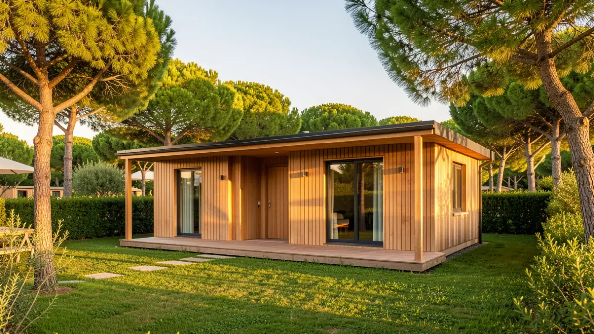 Imagen genérica de un camping moderno con bungalows en un entorno natural.