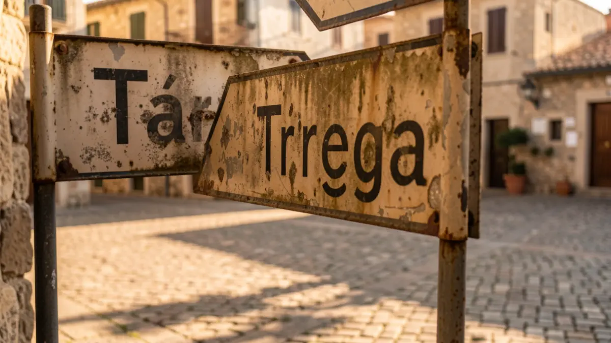 Generic image of old street signs in a Mediterranean town square.