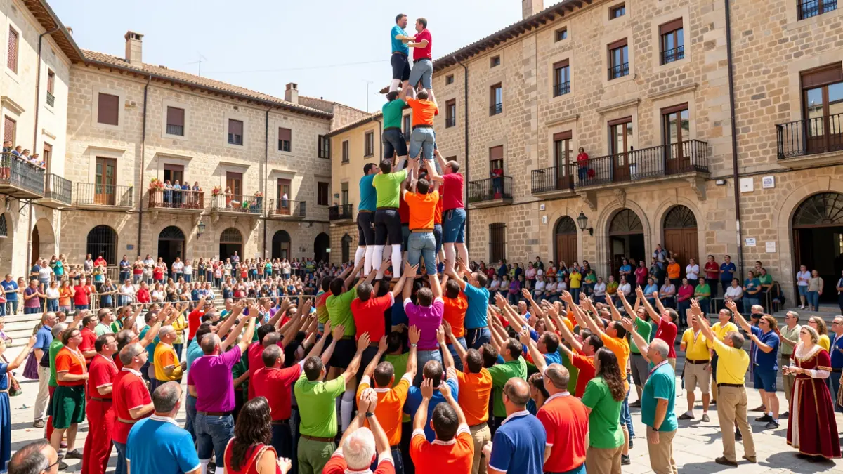 Generic image of 'castellers' building a human tower in a public square.