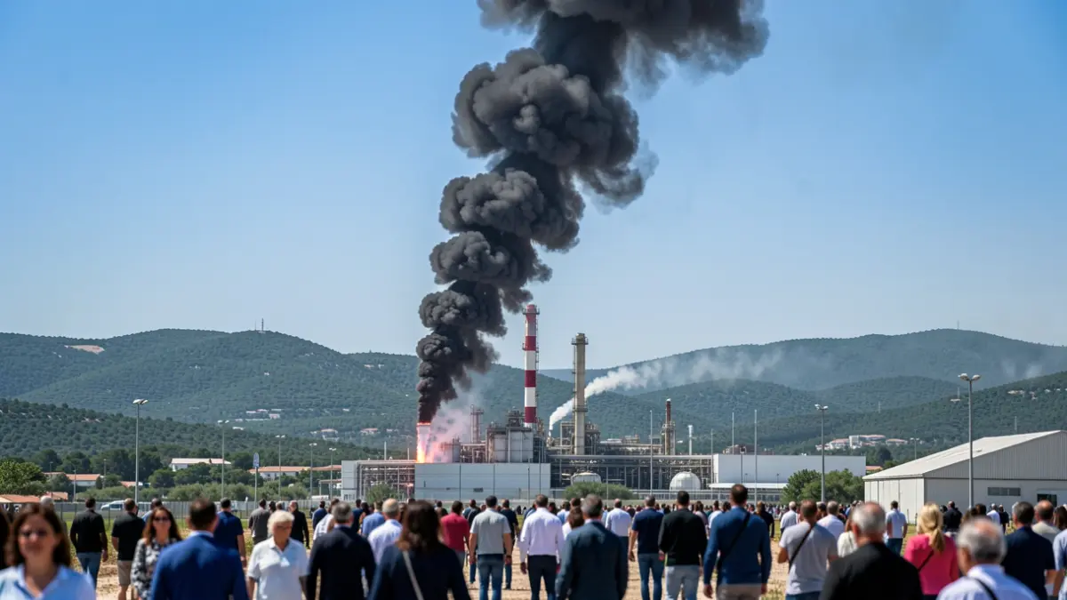 Column of black smoke rising from a safety flare at a petrochemical plant.