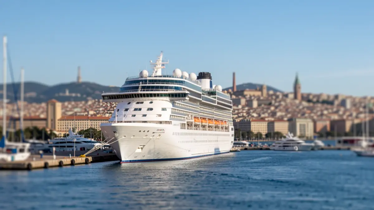 A cruise ship docked in the port of Barcelona with the city in the background.