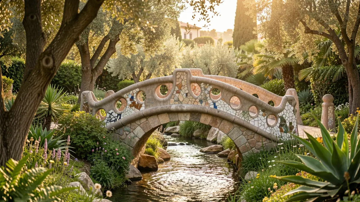 Pont de pedra amb detalls de trencadís en un jardí d'estil Gaudí.