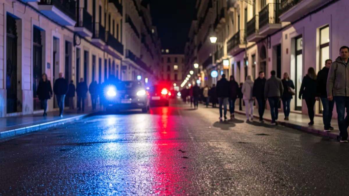 Imagen genérica de luces de emergencia policiales reflejándose en asfalto mojado por la noche.
