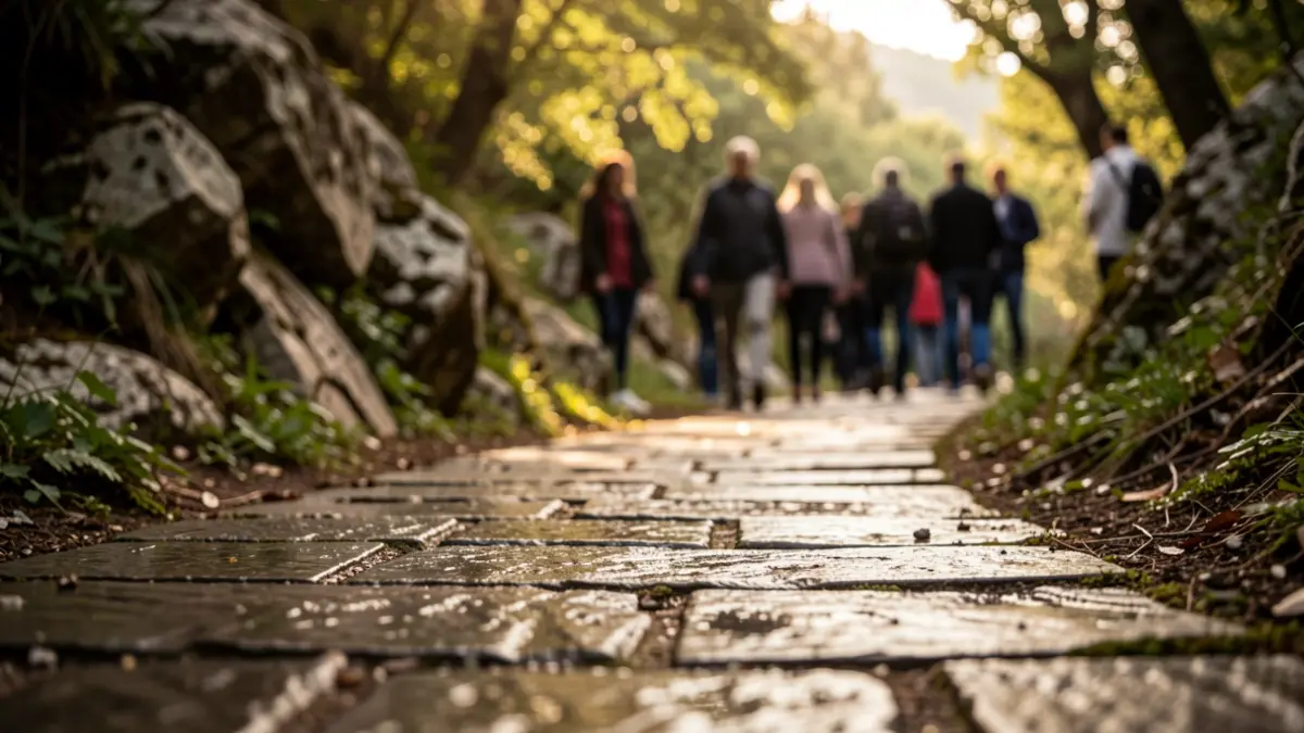 Camino húmedo y rocoso en un entorno natural de Cataluña.