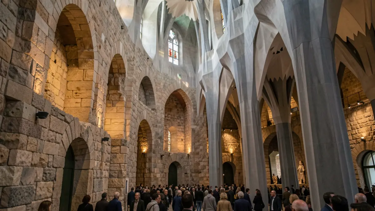 Interior de la cripta de la Sagrada Familia con muros antiguos y luz cálida.