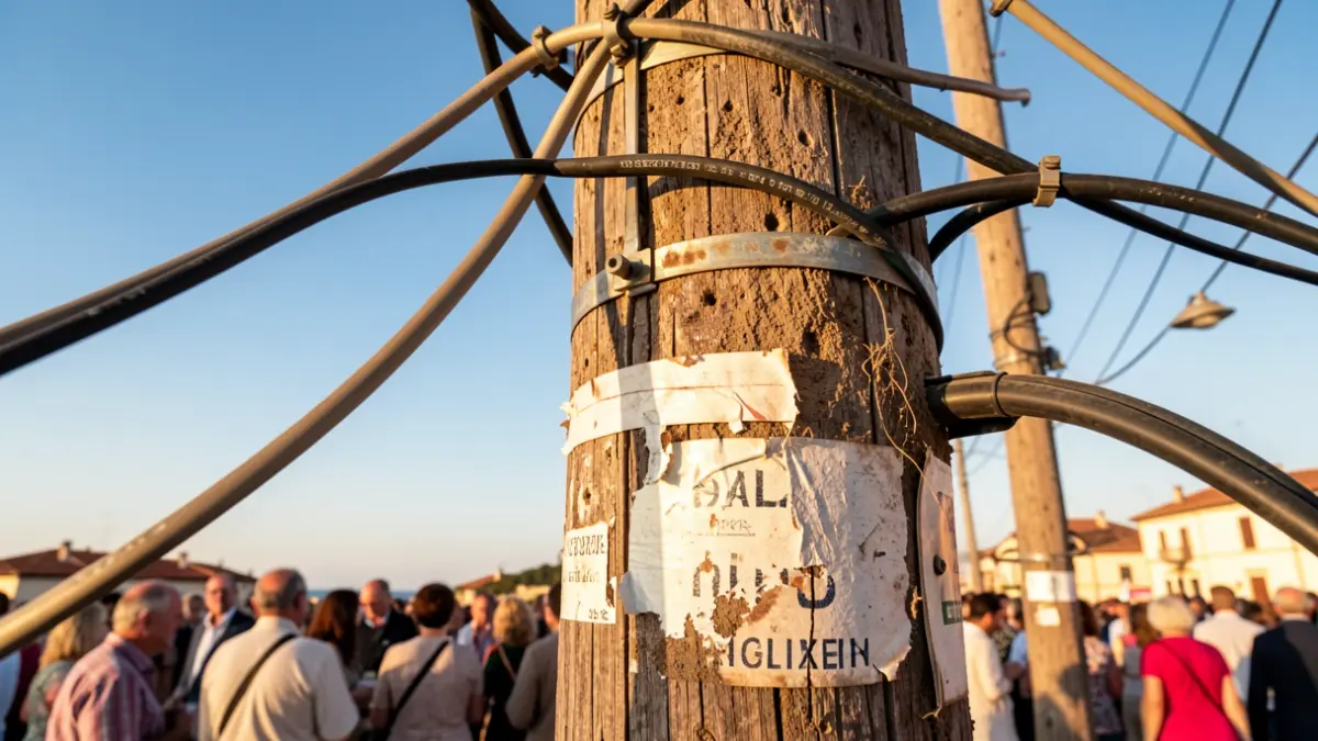 Generic image of utility poles with cables and signs of repair.