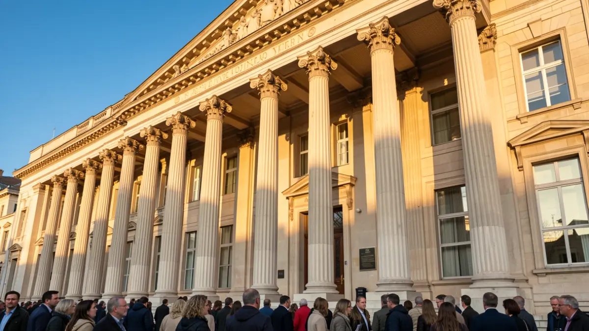 Imagen genérica de un edificio público con columnas y cielo azul.