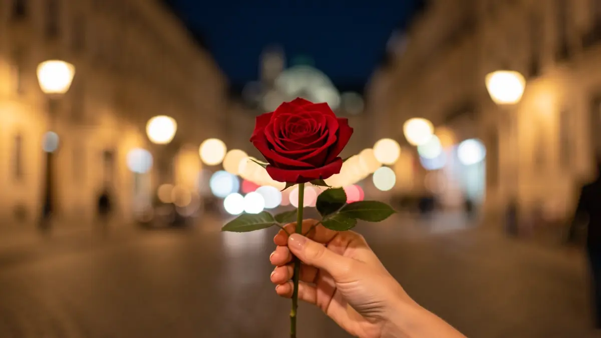 Generic image of a hand holding a rose with blurred city lights.