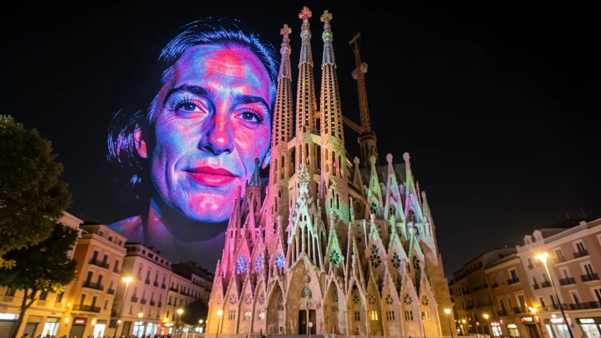 Espectacle de llums amb drons formant el rostre d'Antoni Gaudí sobre la Sagrada Família de nit.