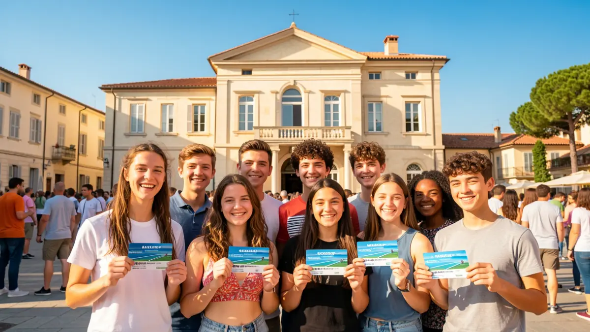 Generic image of students with pool access cards in front of a town hall.