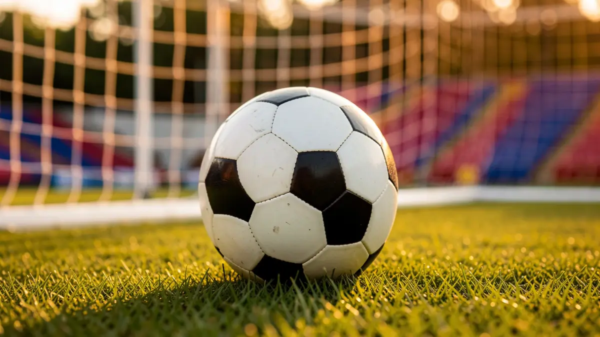 Generic image of a soccer ball on grass with a net in the background.
