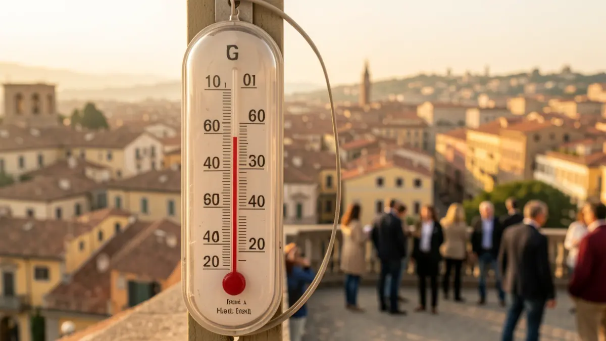 Thermometer showing extreme temperatures with a Mediterranean city in the background.