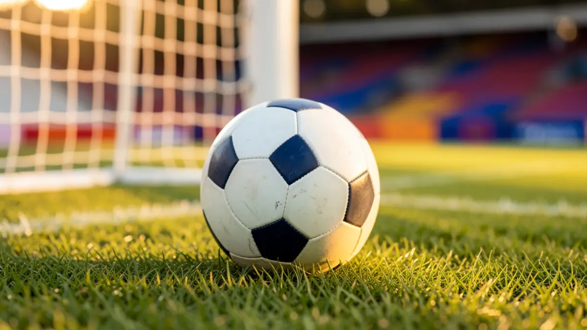 Generic image of a soccer ball on grass with the goal net blurred in the background.