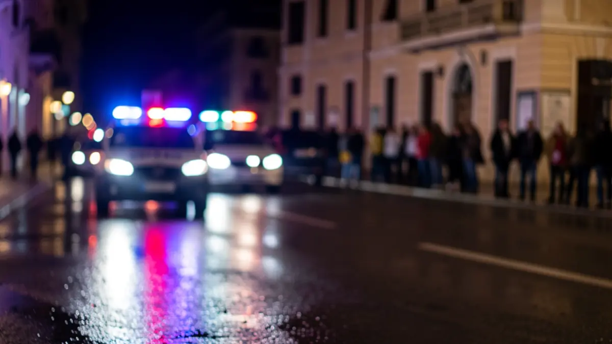 Imatge genèrica de llums d'emergència policials reflectint-se sobre asfalt mullat a la nit.