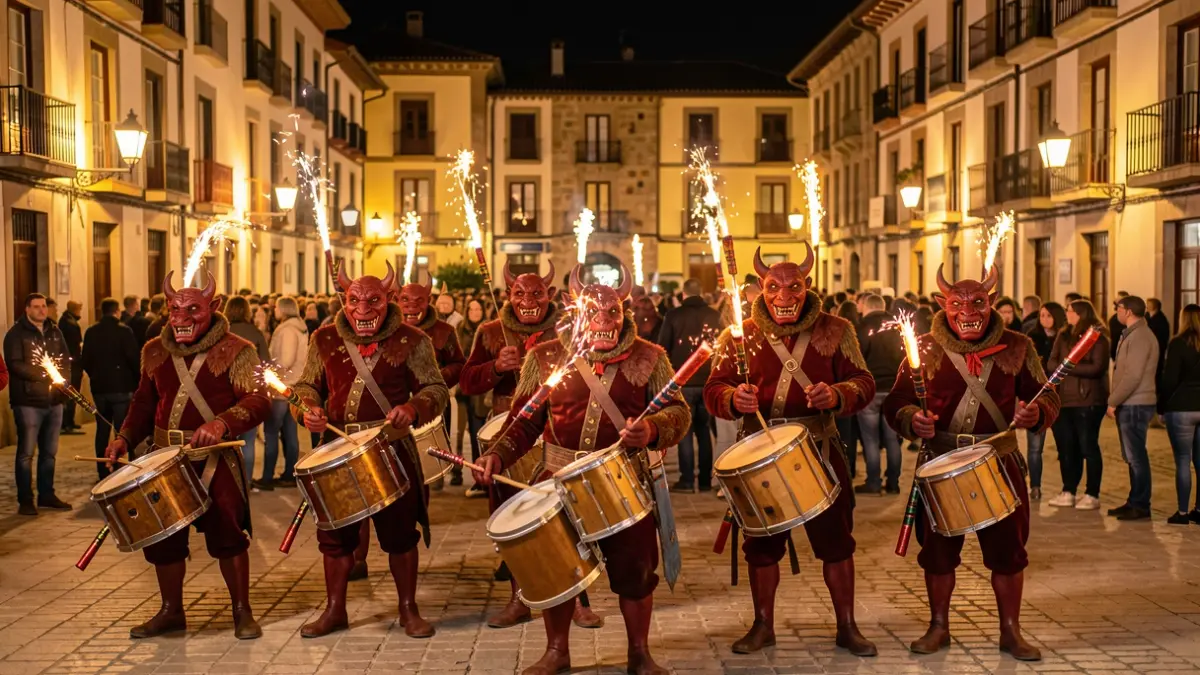 Generic image of diables participating in a night fire parade in a Catalan town square.