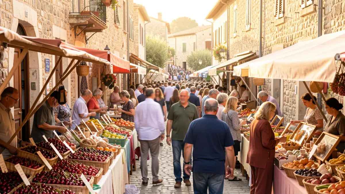 Generic image of a popular festival in a Mediterranean town with stalls and people.