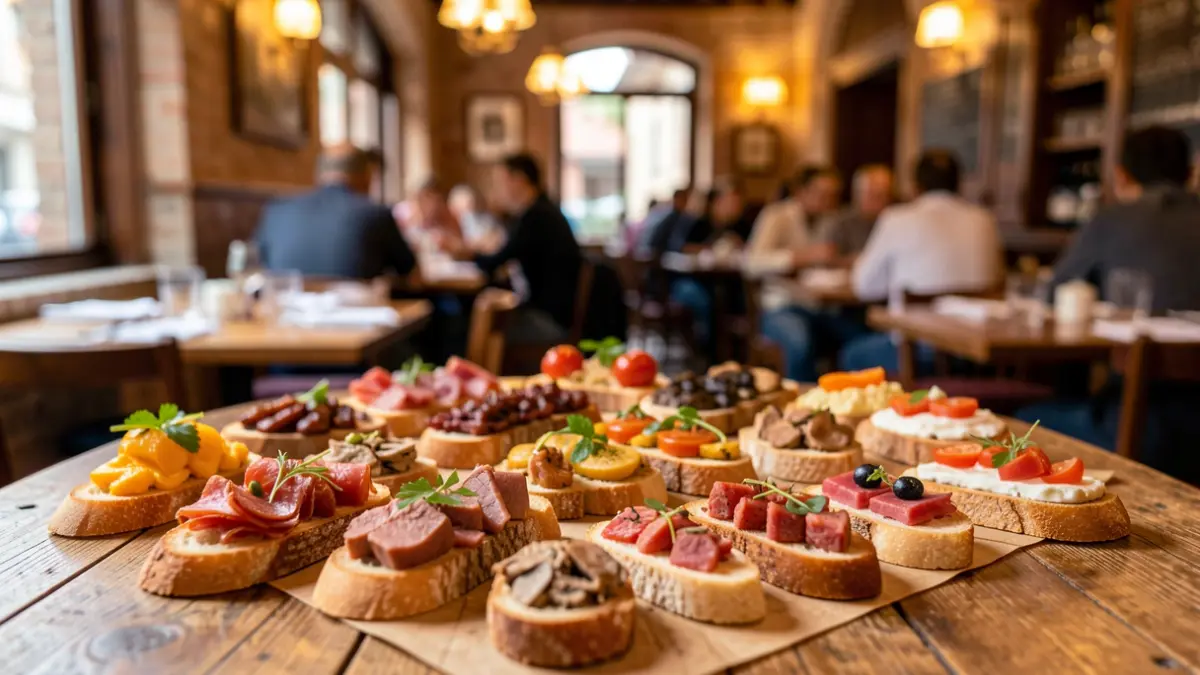 Variety of tapas presented on a restaurant table.