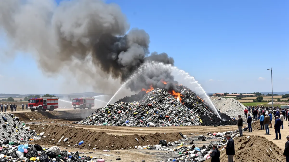 Generic image of a landfill fire with fire trucks.