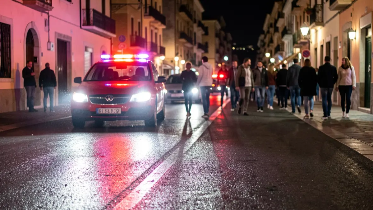 Imatge genèrica de llums d'emergència reflectint-se en asfalt mullat a la nit.