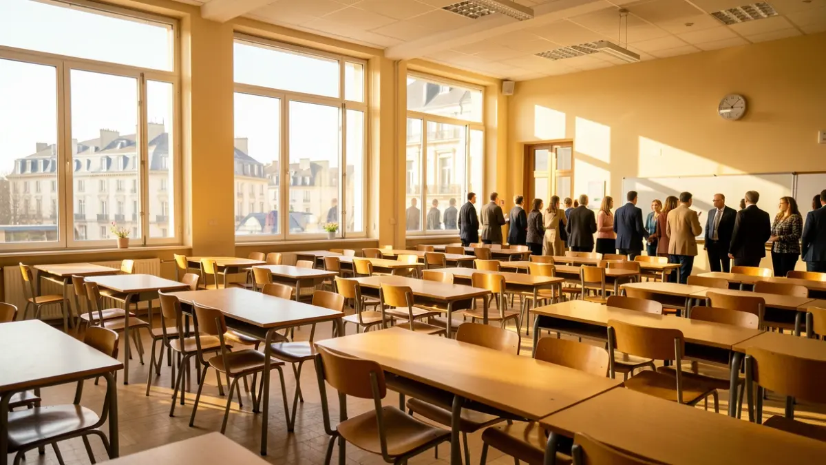 Generic image of an empty classroom with open windows.