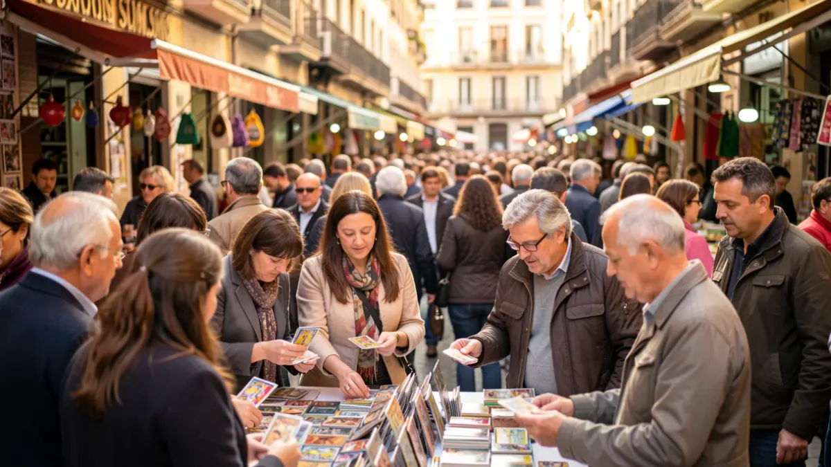 Imagen genérica de un mercado concurrido en Barcelona con gente intercambiando cromos.