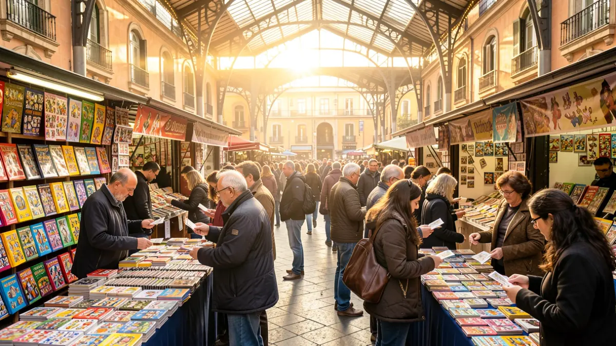 Imatge genèrica d'un mercat amb gent intercanviant cromos.