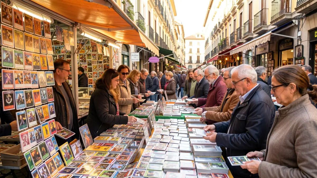 Imatge genèrica d'un mercat amb gent intercanviant cromos.