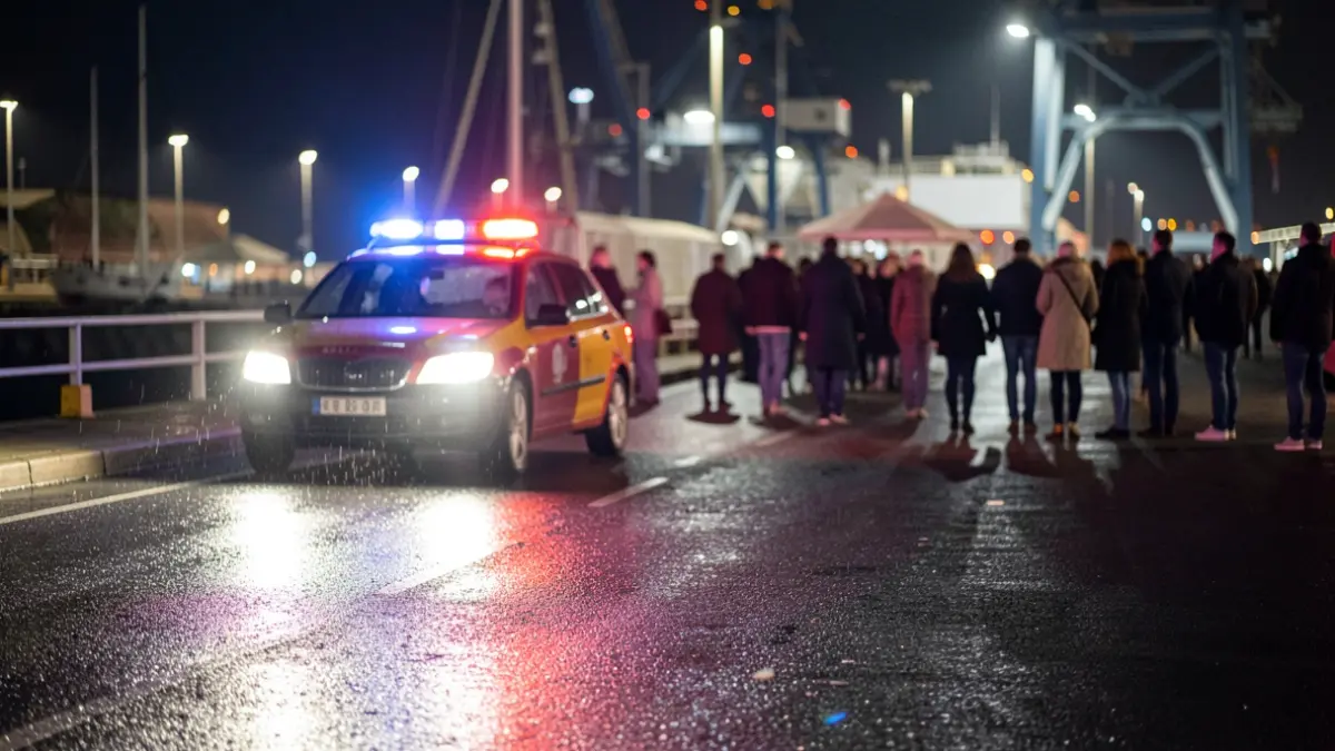 Generic image of emergency lights reflecting on wet asphalt near a harbor entrance.