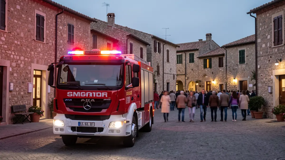 Generic image of a fire engine with flashing lights in a town square.