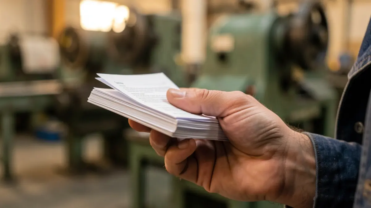 Generic image of an industrial worker's hand holding papers.