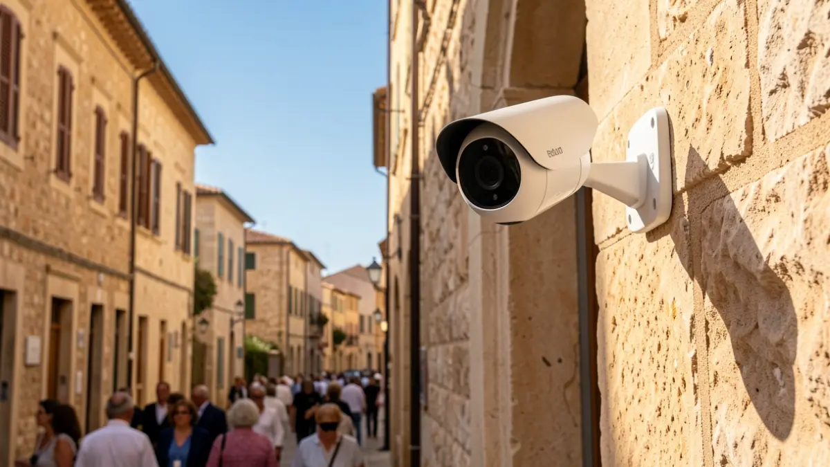 Urban surveillance camera installed on a stone facade.
