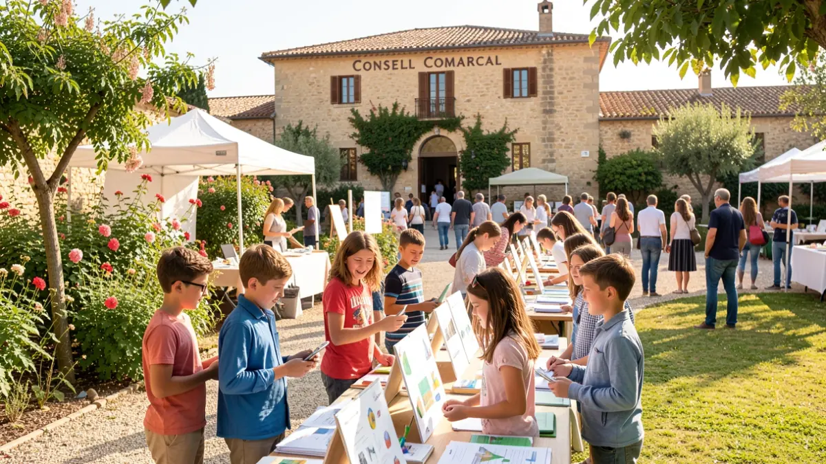 Imagen genérica de niños presentando proyectos emprendedores en una feria rural.