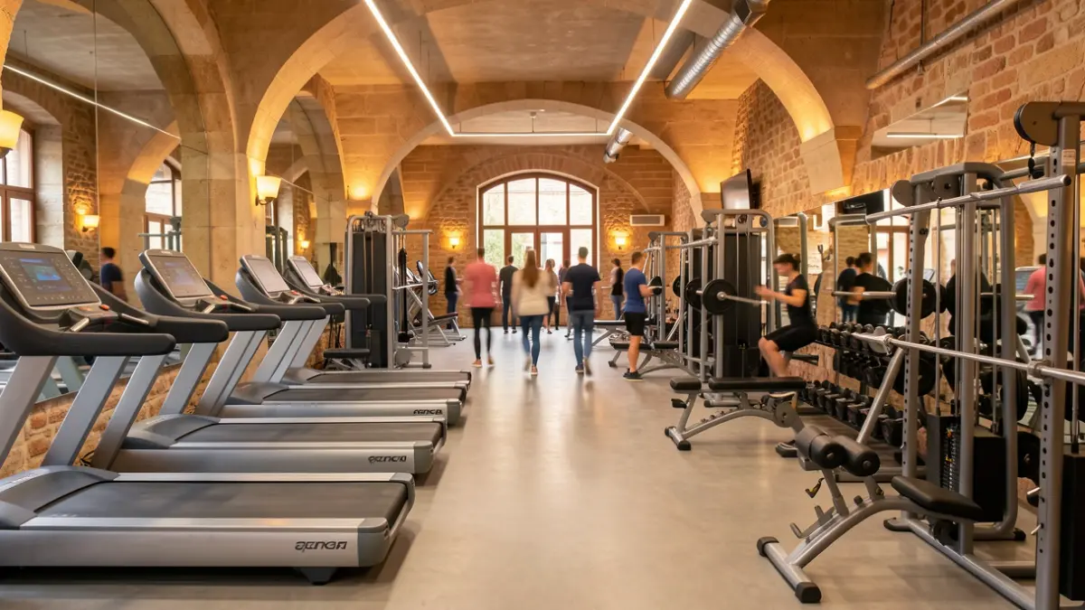 Interior image of a modern gym in Barcelona with sports equipment.