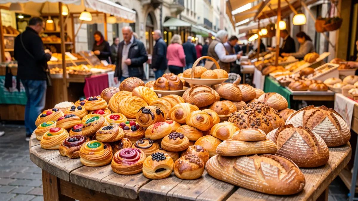 Generic image of artisanal pastries and breads displayed in a market.