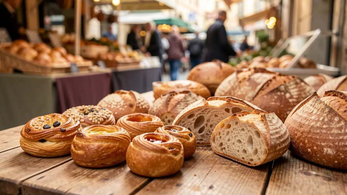 Imatge de productes de pastisseria artesana sobre una taula de fusta.