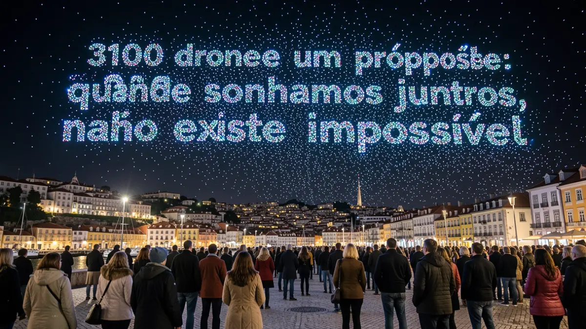 Generic image of drones illuminating the night sky to form a message.
