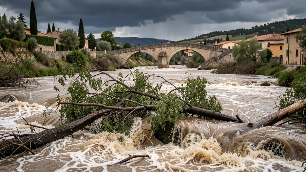 Generic image of an overflowing river with damaged bridges.
