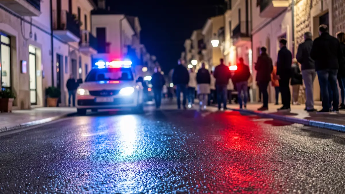Imagen genérica de luces de emergencia policiales reflejándose sobre asfalto mojado por la noche.