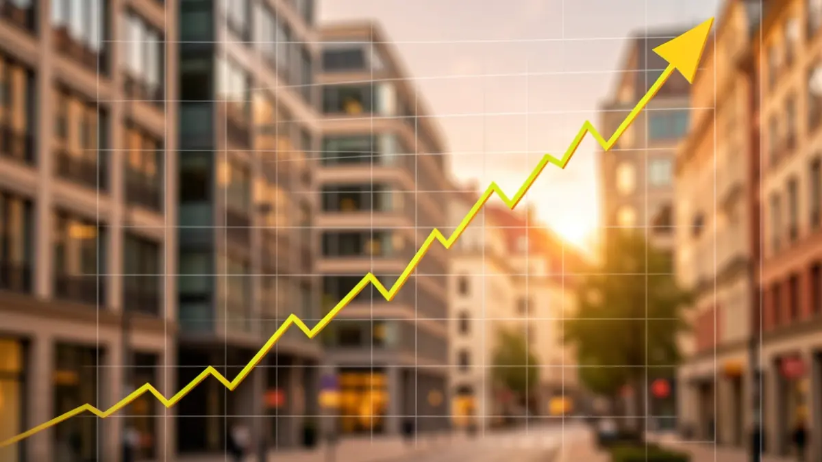 Gràfic financer amb tendència alcista sobre un fons d'edificis d'oficines.