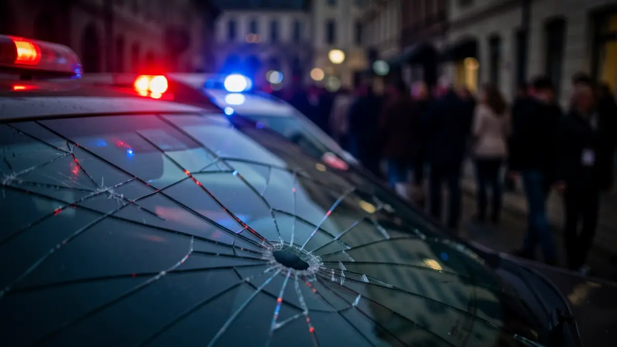 Imatge genèrica de llums d'emergència policials reflectides en un parabrisa trencat.