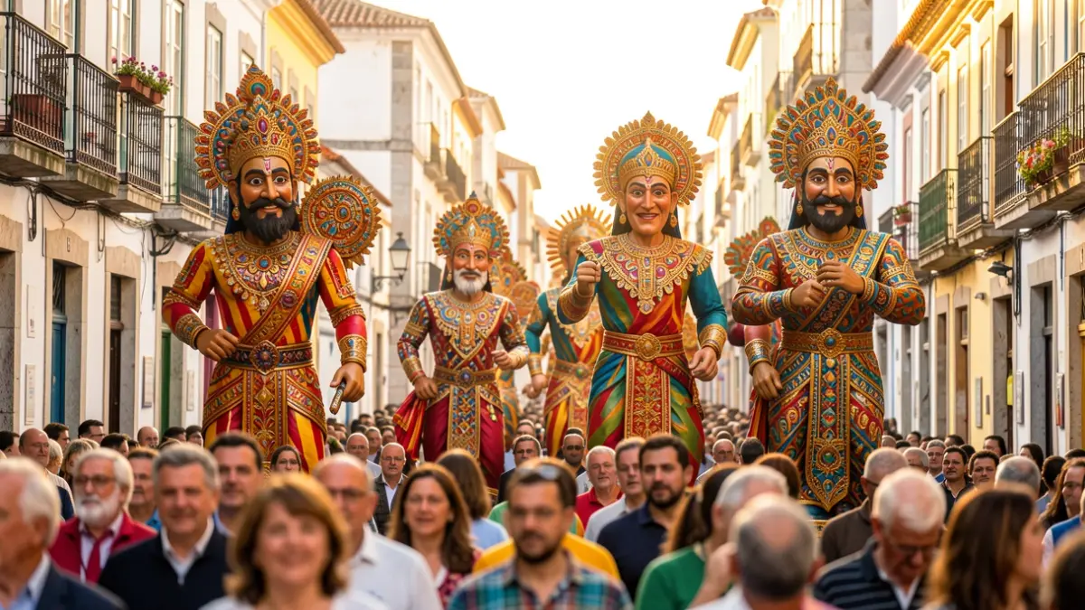 Indian giants from Lloret de Mar parading through the streets of Braga, Portugal, during an international gathering.