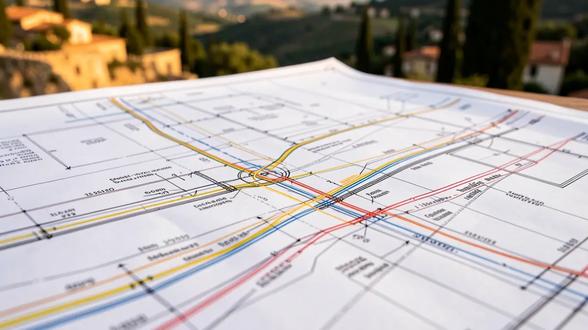 Infrastructure blueprint showing roads and rail lines.