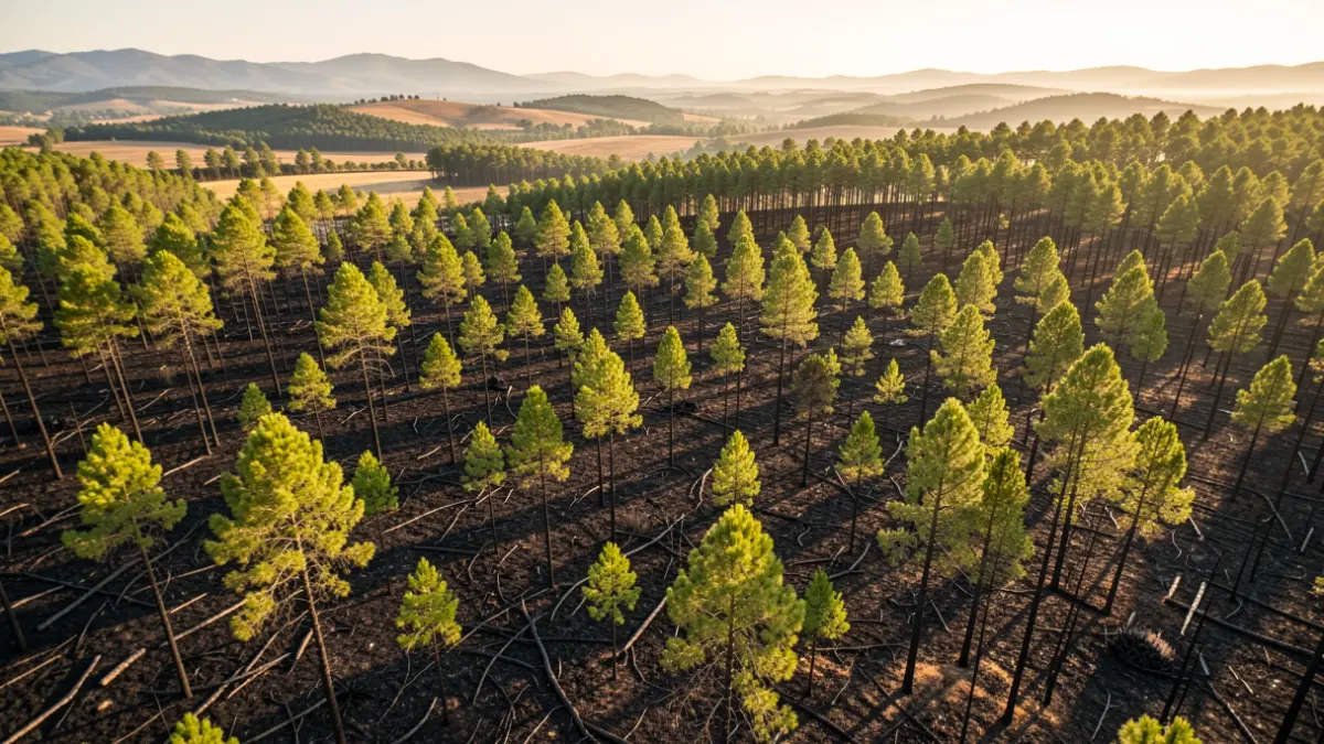 Imatge genèrica de paisatge forestal cremat al Baix Ebre amb nous arbres plantats.