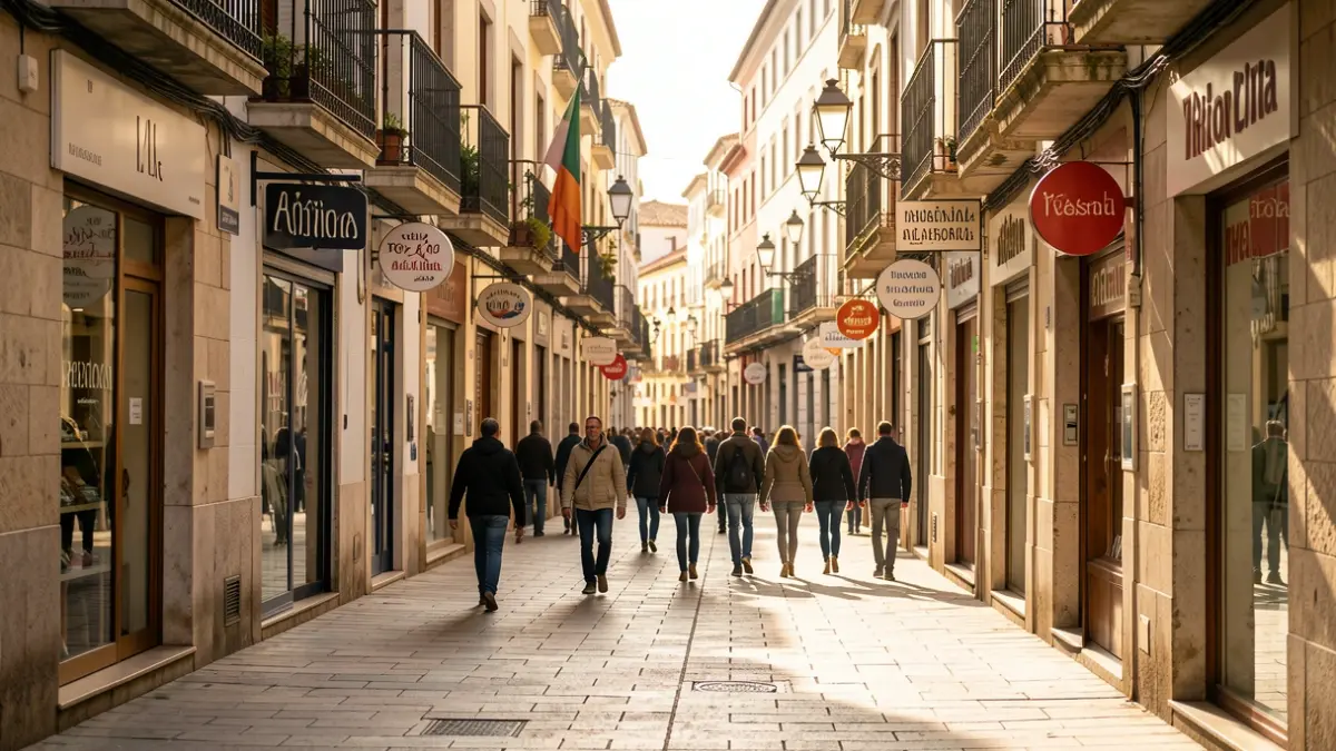 Imatge genèrica d'un carrer comercial a Girona amb senyalització bilingüe.