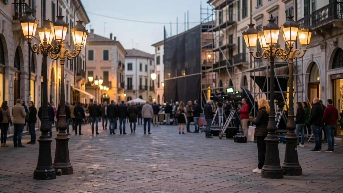 Imatge de la plaça del Vi de Girona ambientada per a un rodatge cinematogràfic.