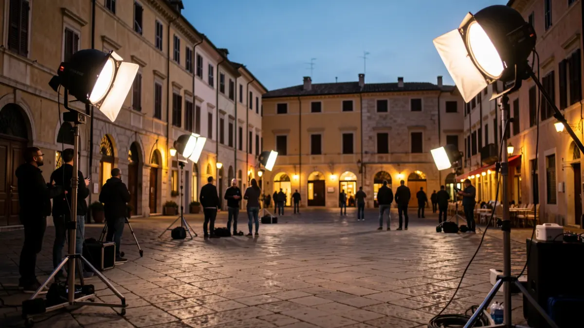 Imatge d'un rodatge cinematogràfic en un entorn urbà històric amb il·luminació professional.