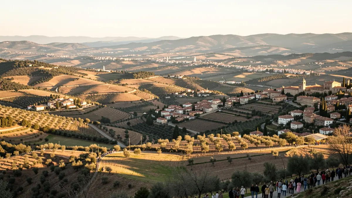 Panoramic view of the Girona region with scattered towns and afternoon sun.