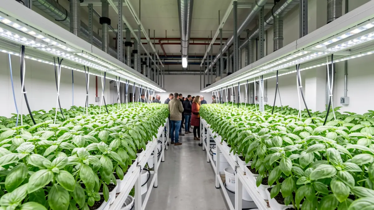 Interior d'una granja vertical catalana amb plantes d'alfàbrega sota llums LED.